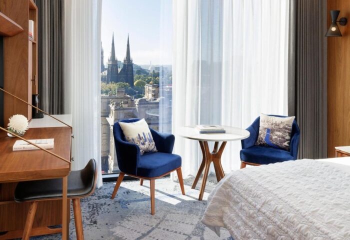Le Meridien Melbourne hotel room with city view. Perfect gay honeymoon hotel in Melbourne for gay men travel advice.