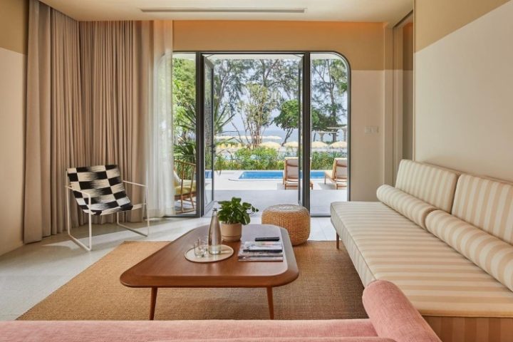 The Standard, Hua Hin: Gay-friendly luxury beachfront hotel room. Interior view to pool, beach. Perfect for gay travel. Thailand hotel.