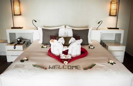 Anantara Rasananda Koh Phangan villa honeymoon suite. Towel elephants on bed, heart shape, welcome message. Gay couples private pool.