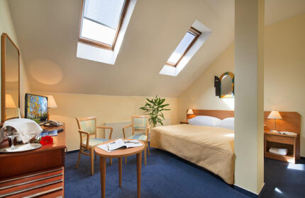 EA Hotel Tosca room in Prague's gayborhood Vinohrady. Cozy interior with skylights, bed, and seating. Popular gay hotels for travel.