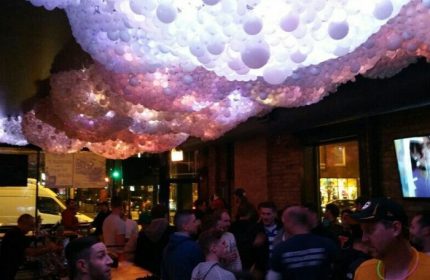 Gay party nights in Chicago bar. Crowd of men under balloon decorations. Nightlife scene in a gay bar.