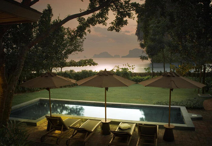 Rayavadee Hotel, Krabi, Thailand. Beachfront view from pool area. Popular gay honeymoon destination. Perfect for couples' romantic getaway.