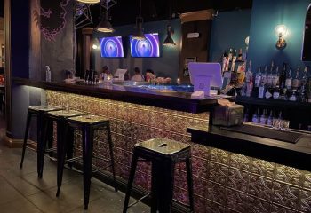 Redline Bar: Interior view of the bar area. Stools line the counter. Bottles and screens are visible. Gay bar for travel advice.