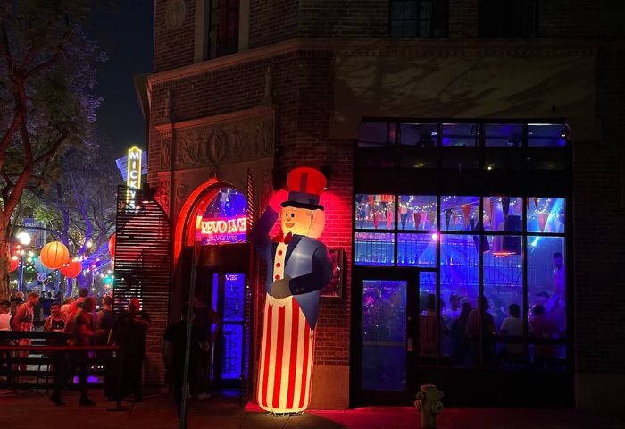 Revolver gay bar location. Exterior view at night with Uncle Sam inflatable. Gay travel advice for LGBT men. Revolver-Location.jpg