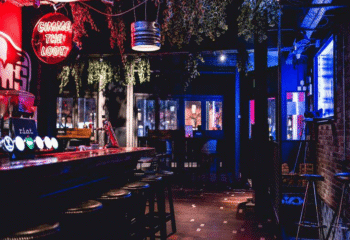Interior of Riot Gay Bar in Dublin. Bar with stools, neon sign reading Gimme the Loot, plants hanging from the ceiling, and dim lighting.