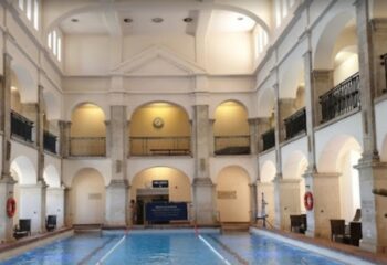 Rudas Thermal Bath, Budapest. Interior view of the pool area, showcasing the architectural design. Gay travel destination.