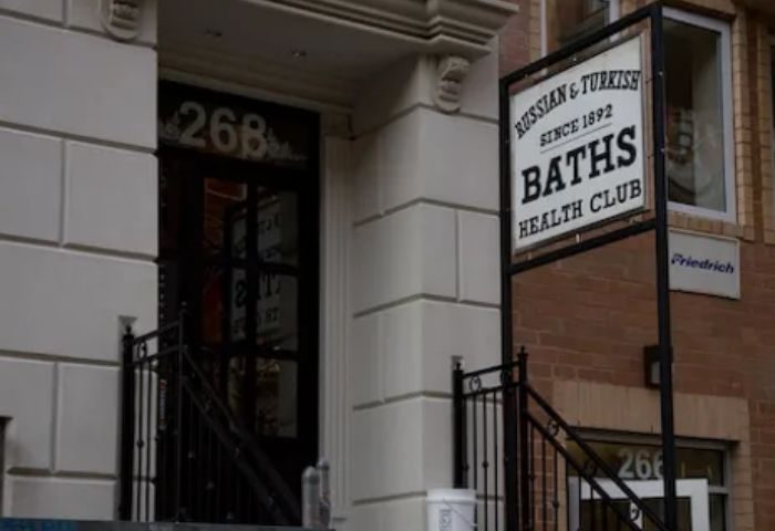 Russian and Turkish Baths in New York. Exterior view of the entrance to a bathhouse, a popular destination for gay men's travel.