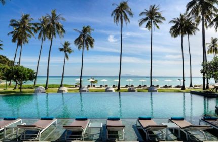 SAii Phi Phi Island Village: Luxury gay honeymoon. Private beach hotel pool with palm trees, lounge chairs, and ocean view. Paradise.