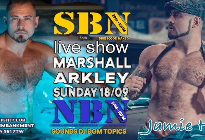 SBN & NBN Sunday at UnionVauxhall: Promo for London gay club's naked party. Two muscular men. Busiest dark room event. Gay travel advice.