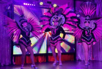 Sparkles Show Bar, a gay bar in Gran Canaria. Drag queens in pink feather costumes perform on stage under purple lights. Nightlife.