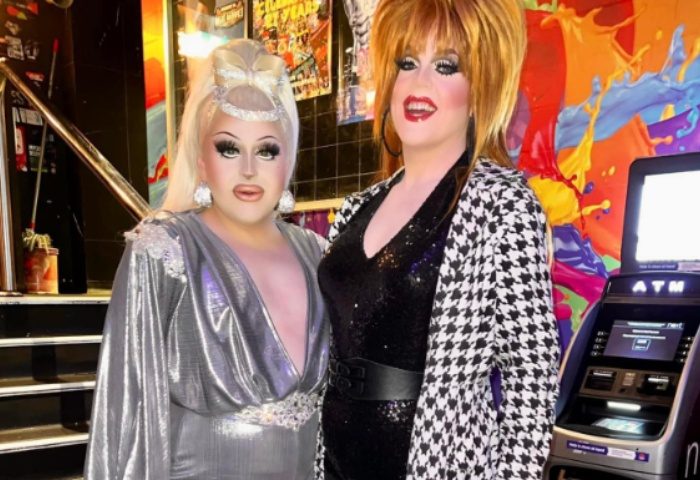 Drag queens at Stonewall Hotel, Sydney. Two performers pose in costume. Gay travel advice, nightlife, entertainment.