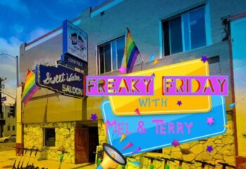Sweetwater Saloon dance club. Gay bar with rainbow flags. Freaky Friday event with Mel & Terry. Gay travel destination for men.