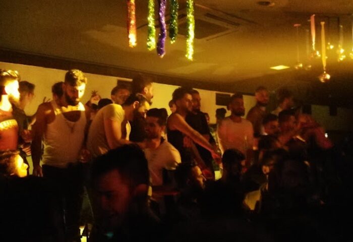 Tek Yon Club Istanbul: Gay men gather in a dimly lit space with decorations. Nightlife scene for gay travel in Istanbul, Turkey.