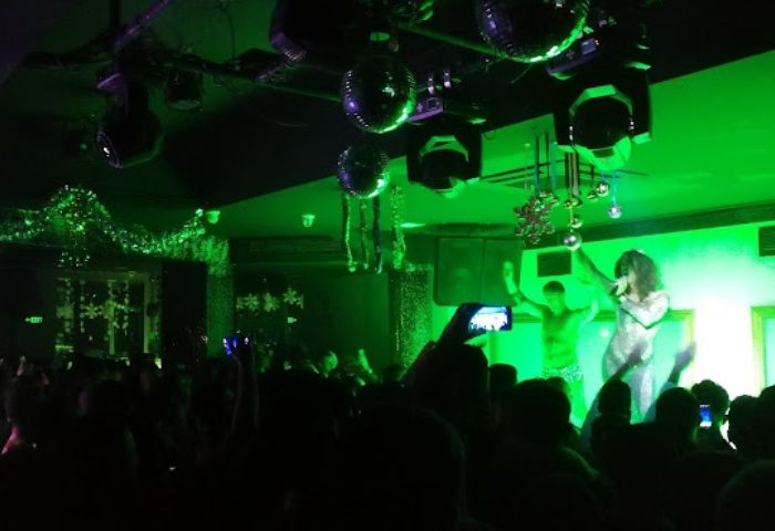 Tek Yon Club Istanbul: Gay club scene with performers on stage under green lights, crowd visible. Nightlife for gay men travelers.