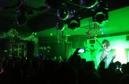Tek Yon Club Istanbul: Gay club scene with performers on stage under green lights, crowd visible. Nightlife for gay men travelers.