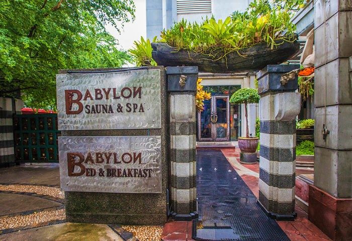 Babylon Bangkok Hotel entrance. Gay men only hotel with sauna & spa, and bed & breakfast. Best gay hotel in Bangkok for gay travel.