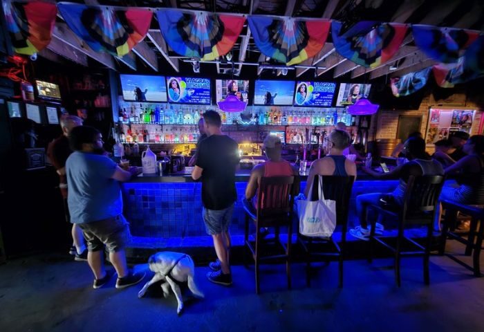 The Bullet Bar view. Gay bar patrons at a blue-lit bar with rainbow flags. Screens display drag queens. A dog is lying on the floor.
