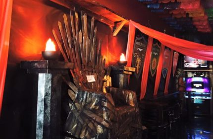 The Cinch Saloon in San Francisco: Game of Thrones-themed decor with a sword throne, banners, and torches. A popular gay bar for travel advice.