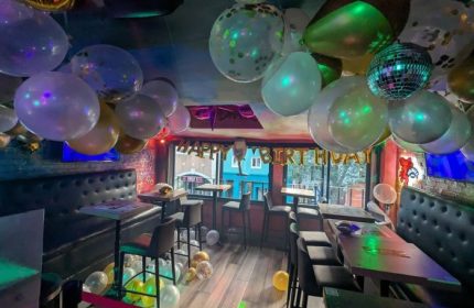 Toronto bar interior decorated for a birthday. Balloons, tables, and chairs fill the space. A fun spot for gay men to travel to.