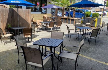 Outdoor patio at The Junction Pub in Vancouver. Tables and chairs under blue umbrellas provide a relaxing space for gay travelers.