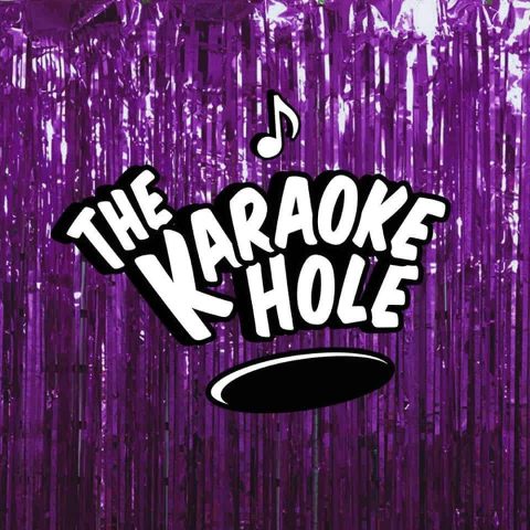 The Karaoke Hole logo. Gay bar with karaoke nights and drag shows in London's East End. Purple tinsel background.