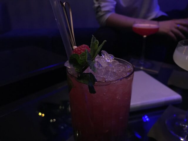 Cocktail at The Light Lounge gay bar. Refreshing drink with ice, raspberry, and mint. Gay travel nightlife scene.