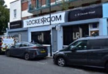 The Locker Room gay sauna exterior. A popular gay sauna in London, UK. Features a modern facade and street view. Gay travel advice.
