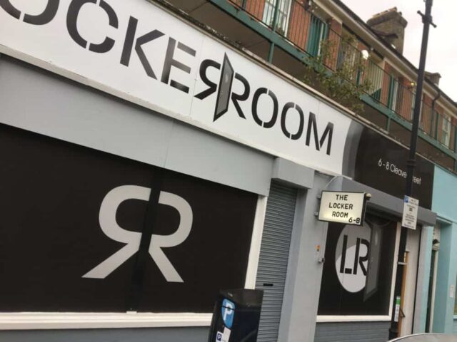 The Locker Room gay sauna exterior. Building front with signage. Gay travel destination, sauna, and social venue.