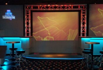 Front view of The Silver Fox gay bar stage area. It features tables, stools, lighting, and a large screen. Gay travel advice.