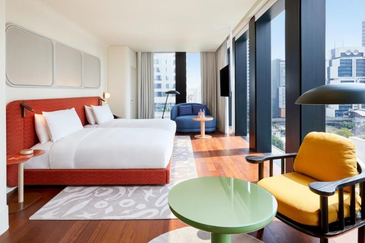 The Standard, Bangkok Mahanakhon hotel room. Modern interior, twin beds, city view. Gay-friendly Sathorn hotel.