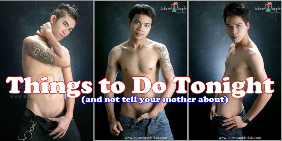 Adams Apple Club Chiang Mai banner: Three shirtless Asian men in jeans. Gay nightlife travel advice for things to do tonight.