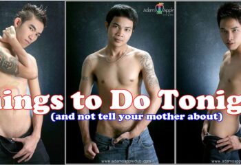 Adams Apple Club Chiang Mai banner: Three shirtless Asian men in jeans. Gay nightlife travel advice for things to do tonight.