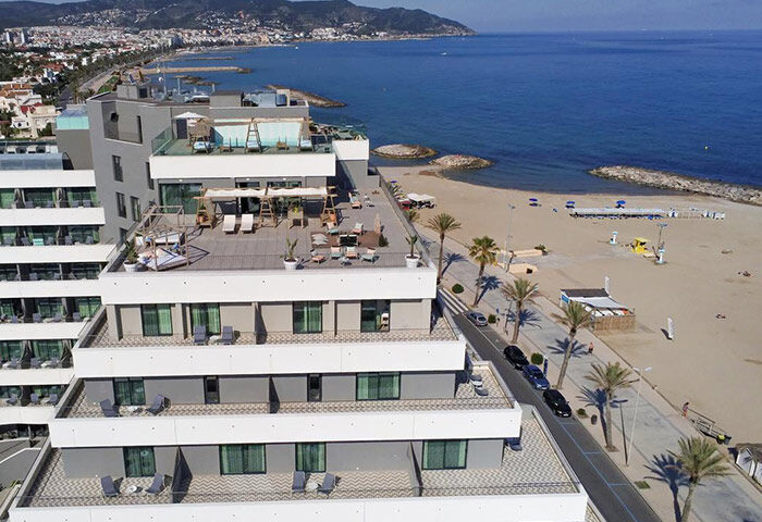 ME Sitges Terramar beachfront gay hotel near gay beach. This-Year-Update. Balconies, rooftop decks, beach, and ocean view.