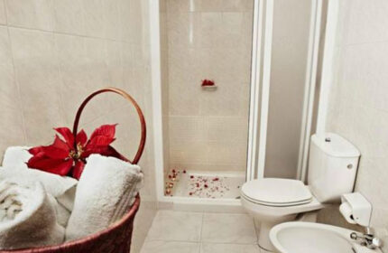Gay Men Only Bungalows Tenesoya bathroom. Shower, toilet, bidet, and a basket with towels and a red flower. Budget hotel near Yumbo Center.