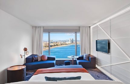 W Barcelona hotel room with ocean view. Best gay honeymoon hotel. Modern design, bright room, and beach view. Barcelona travel.