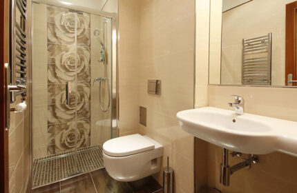 Anyday Apartments bathroom in Prague gayborhood. Shower with rose tile design, sink, and toilet. Budget gay hotels in Prague.