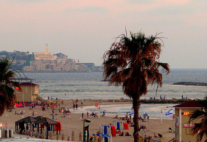 Tel Aviv beach near Shalom Hotel, an Atlas Boutique Hotel. Gayborhood area with Hilton Beach view. Palm trees, people, and Old Jaffa in background.