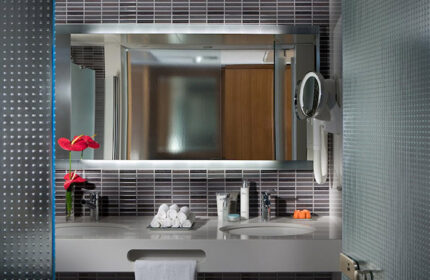 Dan Tel Aviv Hotel bathroom detail. Luxury beachfront gay hotel in Hilton Beach, Tel Aviv. Stylish sink, mirror, and amenities.