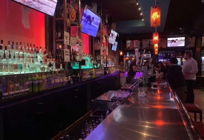 Toad Hall Bar in San Francisco. Interior view of the bar area with bottles, screens, and patrons. Popular gay travel destination.