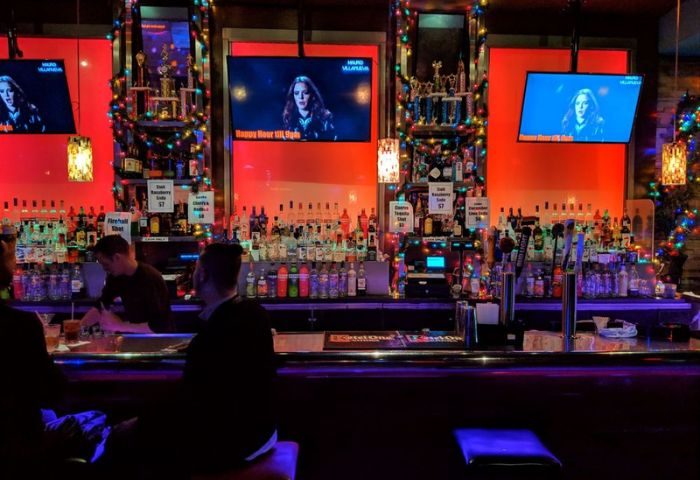 Toad Hall Bar in San Francisco, a gay bar. Bartender serving drinks, TVs, and colorful lights. A popular spot for gay men's travel.
