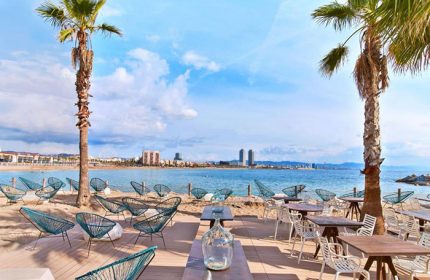 W Barcelona beachfront hotel view. Beachside seating, palm trees, & ocean views. Top gay-friendly hotel in Barcelona.