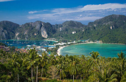 Gypsy Sea View Resort in Koh Phi Phi, Thailand. Top Instagram view from gay hotel. Tropical island, turquoise sea, and lush mountains.