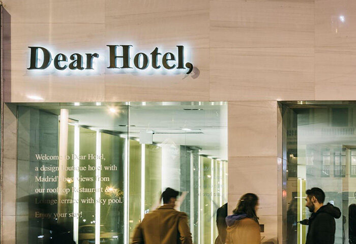 Dear Hotel Madrid entrance. Top design gay hotel in Madrid's Gran Via gayborhood. A design boutique hotel.