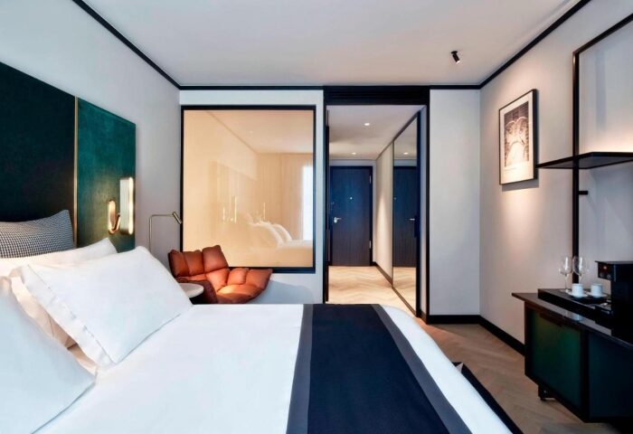 Academias Hotel, Autograph Collection room. Luxury gay hotel in Athens near gay bars. Modern design, comfortable bed, and stylish decor.