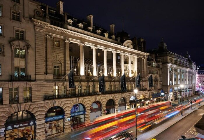 The Dilly Hotel at night. Top gay hotels London near gay bars Soho. The Dilly is a luxury hotel in the heart of London.