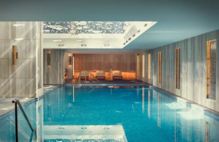 Raffles Istanbul Hotel's indoor pool. One of the top gay hotels in Istanbul, Turkey. Modern design, relaxing atmosphere, perfect for gay travel.