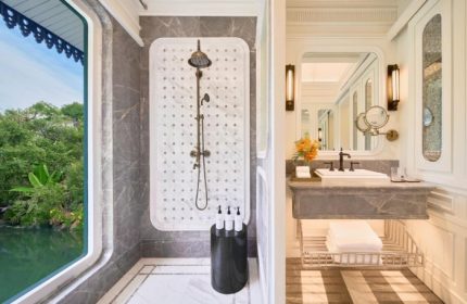 InterContinental Khao Yai Resort bathroom. Luxury hotel near Bangkok for gay travelers. Romantic getaway, shower, and sink.