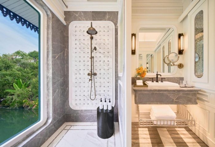 InterContinental Khao Yai Resort bathroom. Luxury hotel near Bangkok for gay travelers. Romantic getaway, shower, and sink.