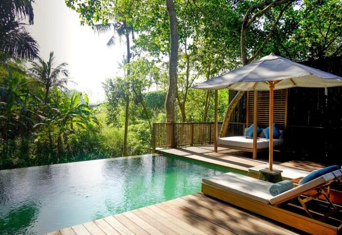 Nirjhara Bali gay hotel honeymoon suite. Lush jungle view from private pool, daybed, and lounge chairs. Top gay travel destination.