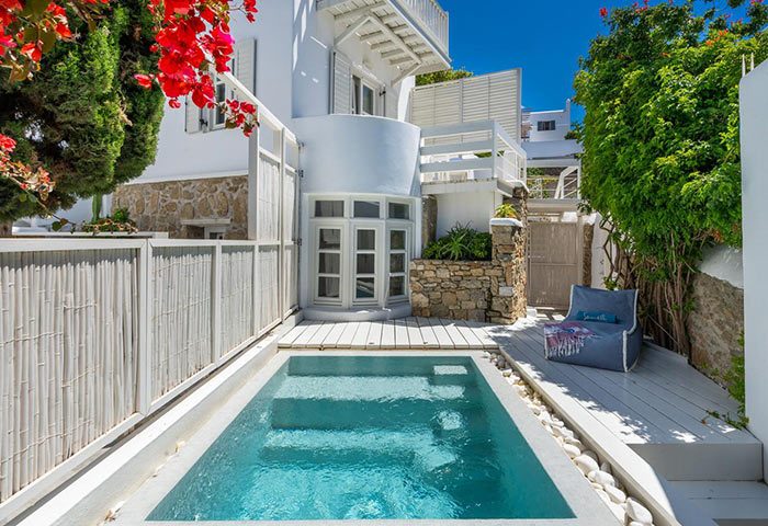 Semeli Hotel Mykonos: Private pool and lounge area at a top honeymoon hotel in Mykonos Town, perfect for gay couples' romantic getaway.